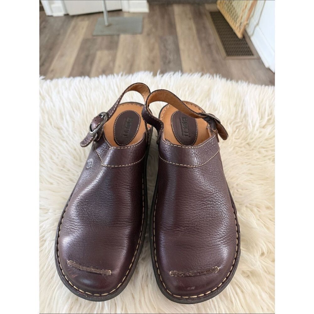 Born Dark Brown Leather Slip-On Clog with Adjustable Back Strap Size 10
